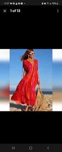 Neu mit Etikett Zara Plissee Perlen KRAWATTEN V-Ausschnitt Chiffon gefüttert Maxi Midikleid Batik Neu S - Bild 1 von 12