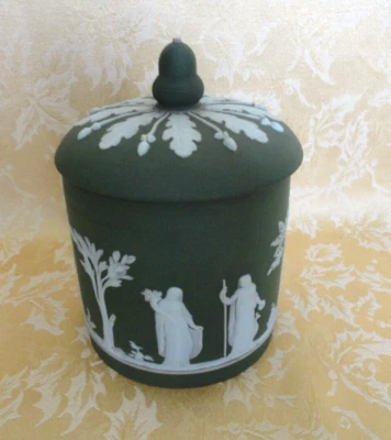 ANTIGUO FRASCO CON TAPA WEDGWOOD SUMERGIDO BLANCO SOBRE JASPE VERDE SALVIA INGLATERRA Foto 1 de 4