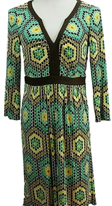 Milly of New York Green Brown Yellow Dress Glass Dot Honeycomb V Neck Silk M - Picture 1 of 6