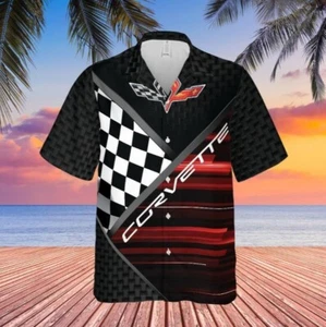 Corvette C6 Racing Flag Logo Hawaiian Shirt for Men Button Down Casual Summer - Picture 1 of 2