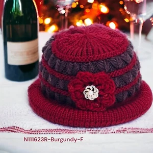 Winter Fall Autumn Knit Cap Rolled Bucket Insulated Burgundy Coffee Bling Flower - Picture 1 of 9
