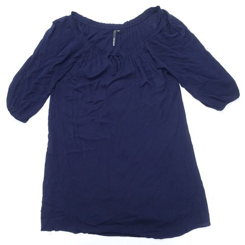 Mini abito Kay Celine spalle scoperte donna medio blu navy rayon cravatta collo plissettato