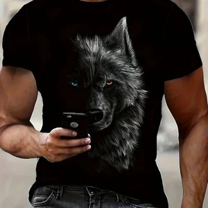 3D Digital Cool Wolf Kontrast Farbe Augen Muster Rundhals T-Shirt, Herren Sommer - Bild 1 von 14