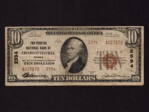 USA:2594, 10$, 1929 * National Currency - Charlottesville * Hamilton * VF * - Picture 1 of 2