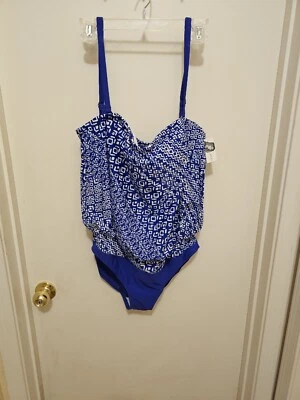 Traje de baño JACLYN SMITH negro 1 pieza acanalado talla 16 azul blanco adelgazante Foto 1 de 4