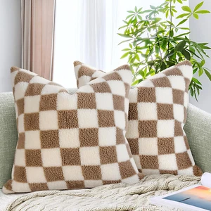 Pack of 2 Decorative Throw Pillow Covers Checkerboard Luxury Super Soft Faux Fur - Picture 1 of 12