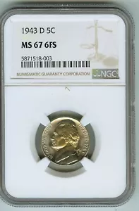 PQ! NGC MS 67 6 Full Steps 1943 D Silver Nickel - Picture 1 of 2