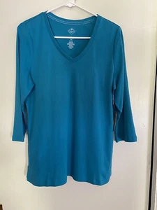 St. John’s Bay V Neck~3/4 Sleeve~Cotton Top~Dark Aqua~Size Large~NWT - Picture 1 of 3