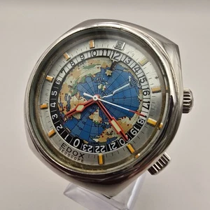 VINTAGE SWISS EDOX GEOSCOPE WORLD TIME GMT AUTOMATIK STAHL HERREN UHR MIT BOX. - Bild 1 von 24