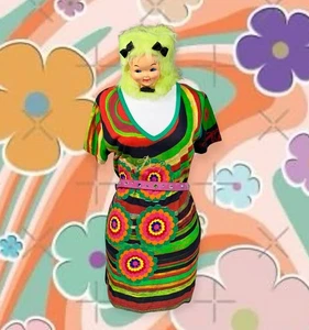 MINI ABITO VINTAGE Y2K DESIGUAL CLUB RAVE MOD DISCO HIPPIE FIORE PSICHEDELICO NUOVO CON ETICHETTE - Foto 1 di 15