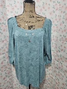 STYLE & CO, DAMENBLUSE NEU AQUA BAUMWOLLE BL 3/4 ARM 2 TON GEBLÜMT, GR. XL - Bild 1 von 9