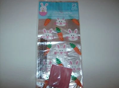 Пасхальные прозрачные виолончельные сумки с завязками с лицами кроликов и морковью упаковка 25 шт. - Изображение 1 из 2