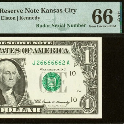 1969 $1 Federal Reserve Note PMG Gem 66EPQ - Super Radar Serial Number 26666662 - Image 1 of 3