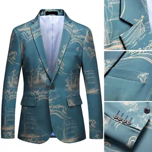 Men Sailing Ship Printed Suit Blazer Dress Jacket Coat Tops Dinner Party - Picture 1 of 9