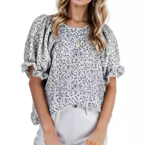 Floral Print Blouses for Women Smocked Puff Sleeve Shirts Casual Babydoll Tops - Picture 1 of 16