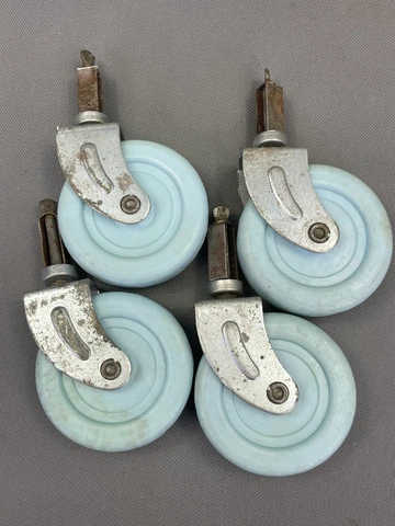 4 vintage plastic furniture casters - 1.5” pin & 2.75" diameter blue  wheels Cover