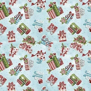 Season Greetings Christmas Gifts Blue 100% Cotton Fabric by The Yard - Picture 1 of 1