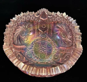 Vtg. Carnival Cut Glass Iridescent Pink Comet In The Stars Saw Tooth Bowl MCM - Picture 1 of 8