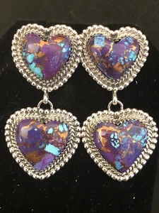 Double Heart Earrings Purple Mojave Turquoise Avin Joe Silver Navajo Post 3110 - Picture 1 of 4