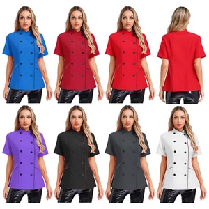 Women Tops Cafe Jacket Pocket Coat Restaurant Chef Kitchen Cross-Over Baking - Picture 1 of 77