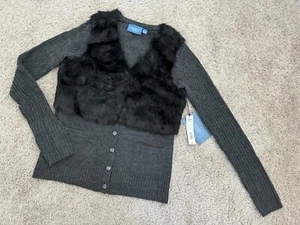 NWT Simply Vera Vera Wang Black Faux Fur Gray Button Wool Blend Cardigan Size S - Picture 1 of 6