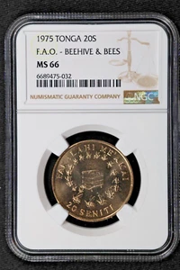 1975 Tonga 20 Seniti Commemorative FAO Beehive & Bees Copper-Nickel NGC MS 66 - Picture 1 of 2