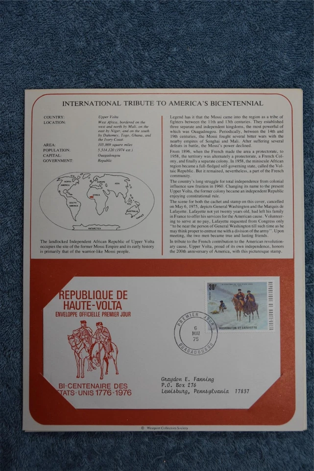 1975 Tributes to America's Bicentennial Souvenir Card - Upper Volta - Image 1 of 1