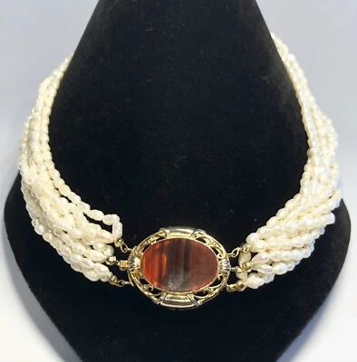 Vintage Multi-Strand Pearls With 14K Gold and Agate Clasp Necklace 19"  - Image 1 of 4
