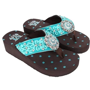 Montana West Women's Wedge Flip Flops Turquoise Embroidered with Concho (8) NIB - Picture 1 of 8