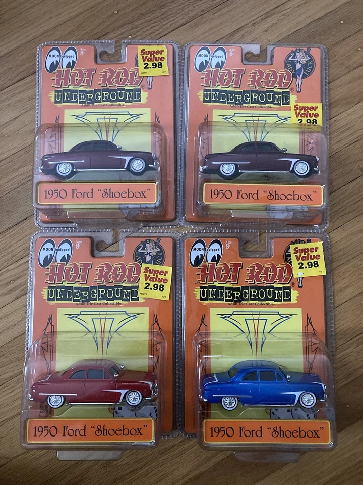 Hot Rod Underground 1950 Ford Shoebox Azul, Rojo, Púrpura 1:43 Die Cast Lote de 4 Foto 1 de 4