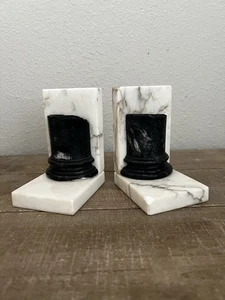 Vintage Pair Solid Marble Bookends White W/ Black Classical Columns READ - Picture 1 of 11
