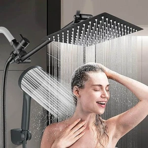 Black 8" Rain Shower Head with Handheld Spray Combo High Pressure Adjustable Arm - Picture 1 of 18