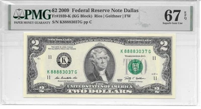 2009 Dallas $2 FRN Lucky Money KG Block PMG 67 EPQ Superb Gem Unc. (K88883037G) - Image 1 of 2