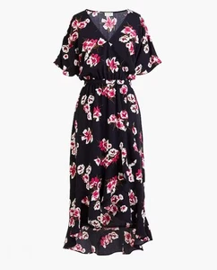 J. Crew Faux Wrap V Neck High Low Floral MIDI Dress Short Sleeve Navy Size S - Picture 1 of 8