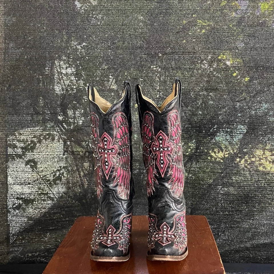 Corral Women’s Black Leather Cowboy Boots Sz 6 Pink Wing Cross Studs - Image 1 of 4