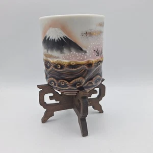 Japanese Painted Pot Cup Vintage Art Wooden Stand Small Plant Holder Mountain - Picture 1 of 8