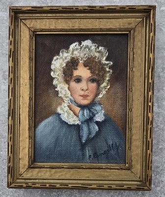Antigua pintura al óleo de colección retrato escolar gregoriano dama en miniatura azul 5"X4" Foto 1 de 3