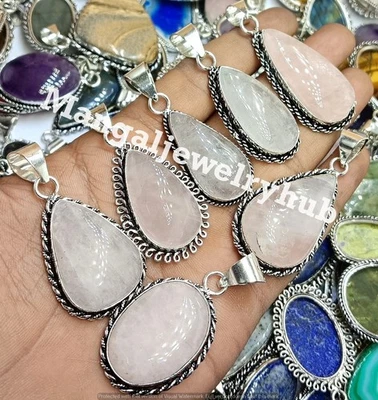A+ Rose Quartz Gemstone Pendants 925 Sterling Silver Plated Handmade Lot Jewelry - Image 1 of 4
