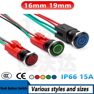 16/19mm LED Push Button Switch Momentary Latching On/Off Waterproof Metal 15A - Image 1 of 4
