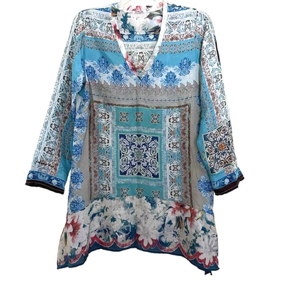 Camiseta Johnny Was Chapman túnica de seda gola V média boho - Imagem 1 de 4