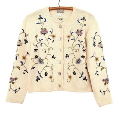 Cárdigan Coldwater Creek 100 % lana XS crema floral bordado núcleo de cabaña Foto 1 de 4