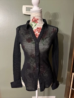 Camisa Top Free People Siggi Malla Negra Manga Larga Abotonada Talla S Foto 1 de 4