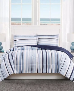 New Pem America Coastal Stripe Comforter 3 Pc Set King Blue / White Reversible - Picture 1 of 3