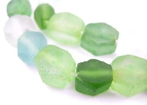 Jungle Medley Hexagon Java Recycled Glass Beads 12mm Indonesia Sea Glass Green - Picture 1 of 1