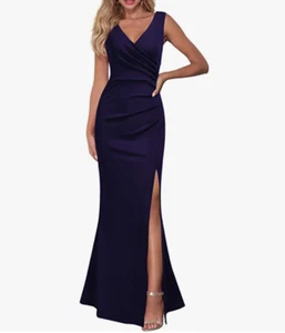 WOOSEA Women Sleeveless V Neck Split Evening Cocktail Long Dress M Navy Blue - Picture 1 of 3