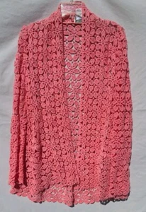 Neiman Marcus Exclusive Crochet Cotton Coral Open Weave Cardigan Flowers Medium - Picture 1 of 16