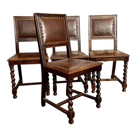 Antique Spanish Revival Barley Twist Wood & Leather Dining Chairs Set of Four Cover