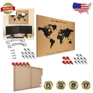 20 x 28 World Map Cork Memo Board - Perfect for Home Office & Classroom Use - Picture 1 of 8