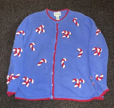 Quacker Factory Embroidered Candy Cane Christmas Sweater Size L Granny Grandma - Image 1 of 4