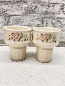 2 PFALTZGRAFF TEA ROSE ICE CREAM CONES WAFFLE CUP DISH PINK ROSES USA - Picture 1 of 6
